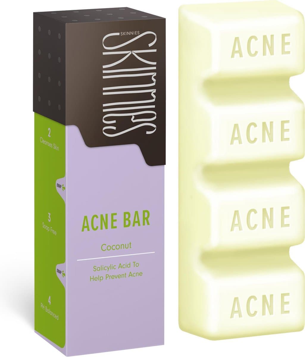 Skinnies Acne Bar - Reiniger Gezicht en Lichaam - Verzorging en acne en puistjes - Kokos - Body bar unisex 100 gram
