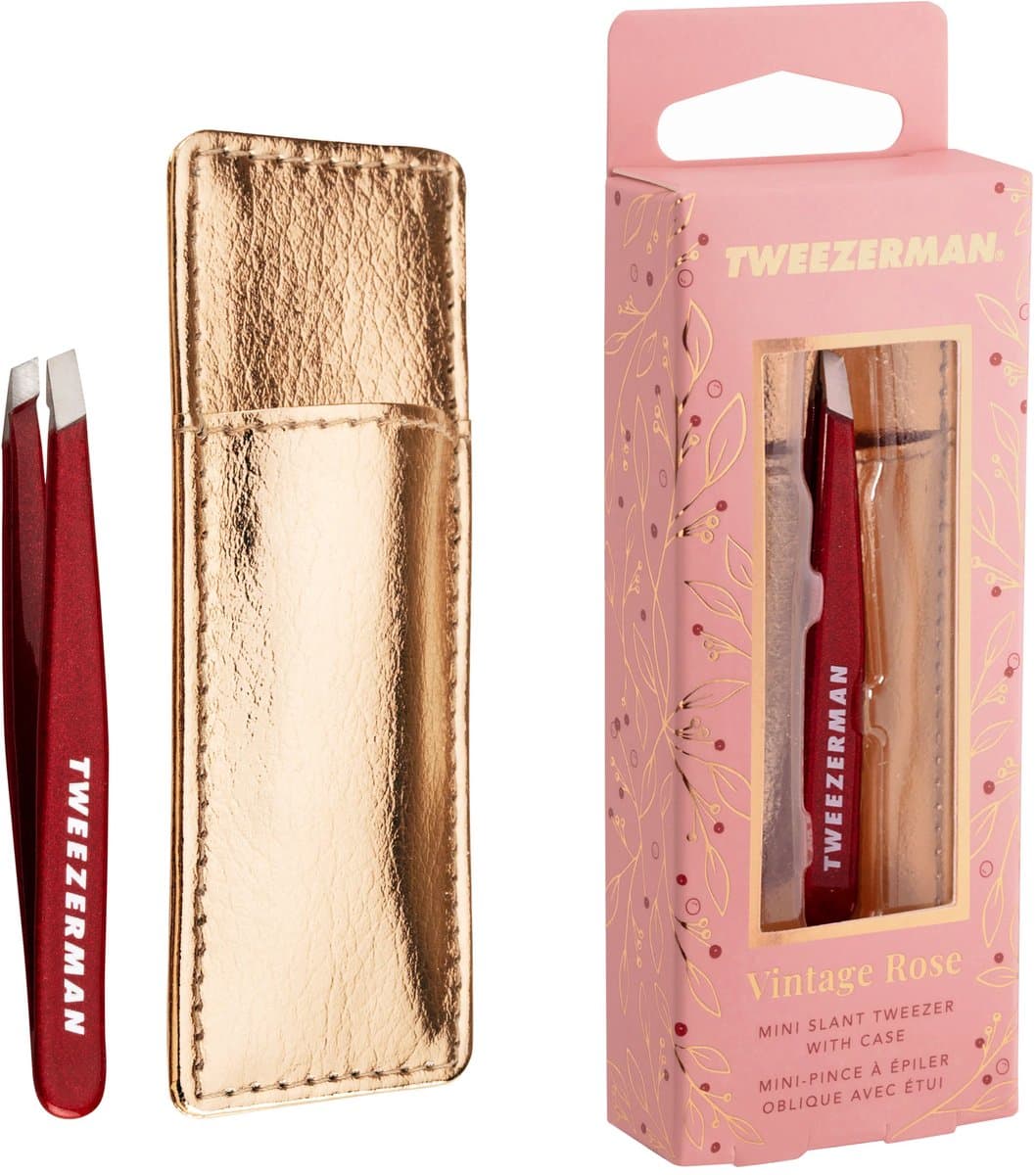 Tweezerman Vintage Rose Mini Slant Tweezer with Case – Mini Pincet Met Handige Reisetui – Schuine Punt Voor Precieze Verwijdering Van Haren – Voor...