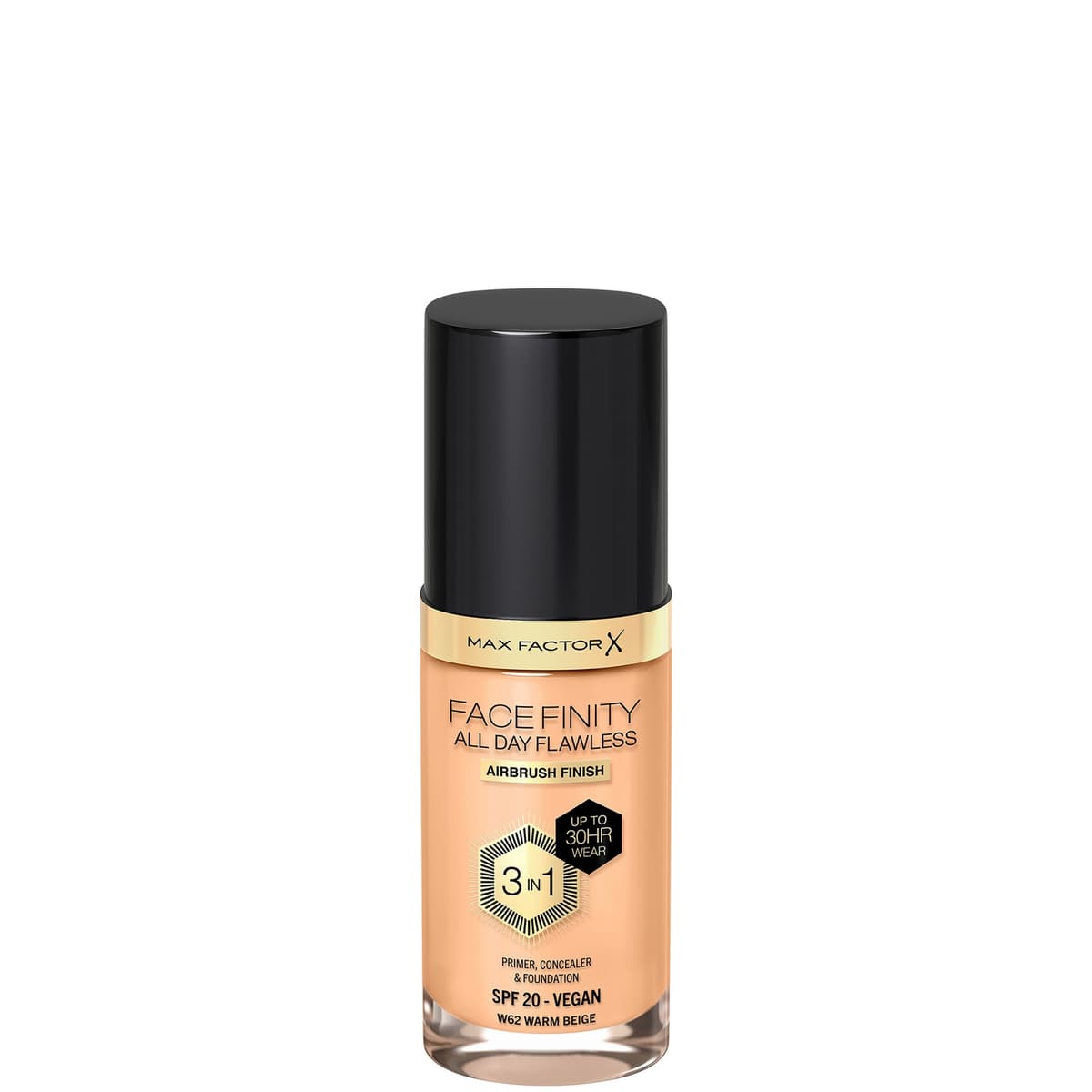 Max Factor Facefinity All Day Flawless 3 in 1 Vegan Foundation 30ml (Various Shades) - W62 - WARM BEIGE